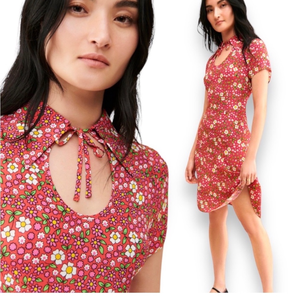 Rolla’s Kelly Candy Print Dress Floral Pink Red Midi Keyhole Neck Sz Small